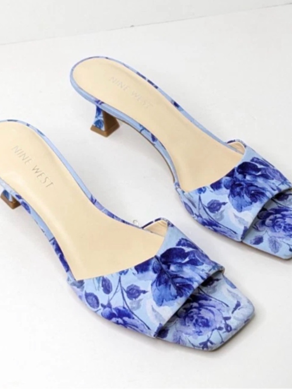 Nine West Blue Floral Open-Toe Kitten Heel Sandals